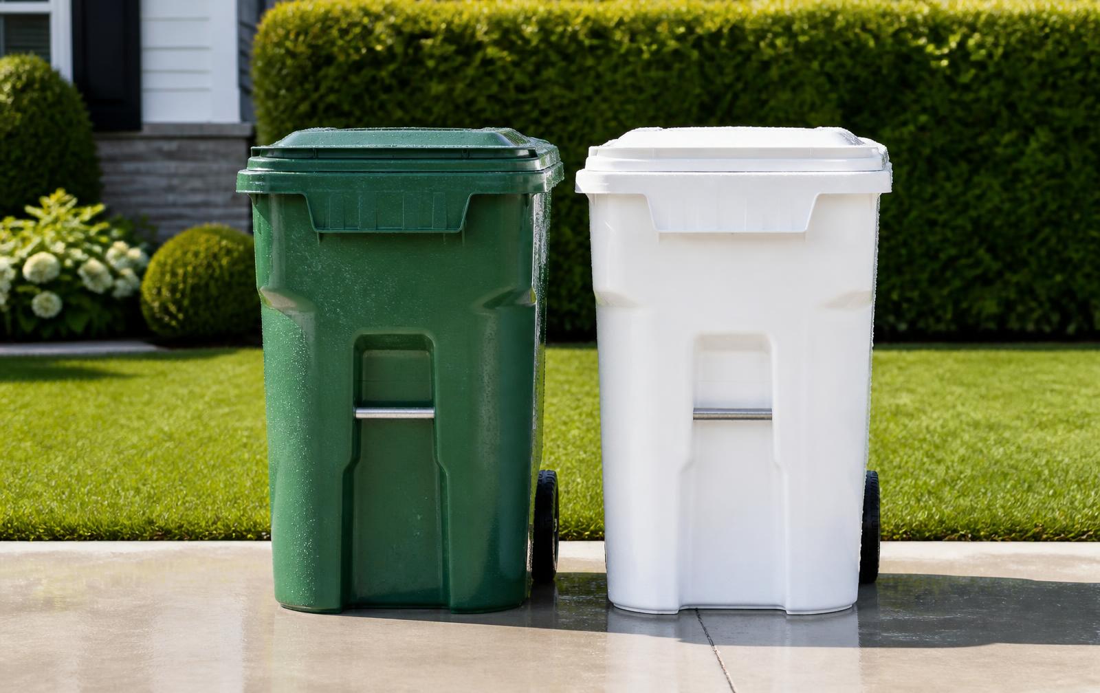 Freshly cleaned green and white trash bins on a driveway